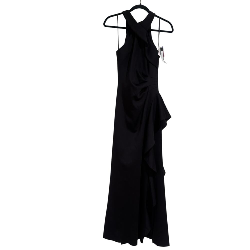 Xscape Scuba Crepe Sleeveless Leg Slit Ruffle Floor Length Dress Black Sz 4 NWT - Picture 8 of 13